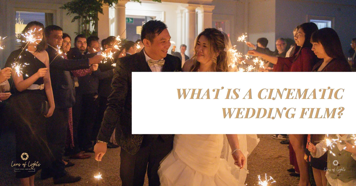 Bride and groom walking through sparkler exit representing cinematic wedding film style with dramatic lighting and storytelling. Highlighting a heading text: What is cinematic wedding film?"