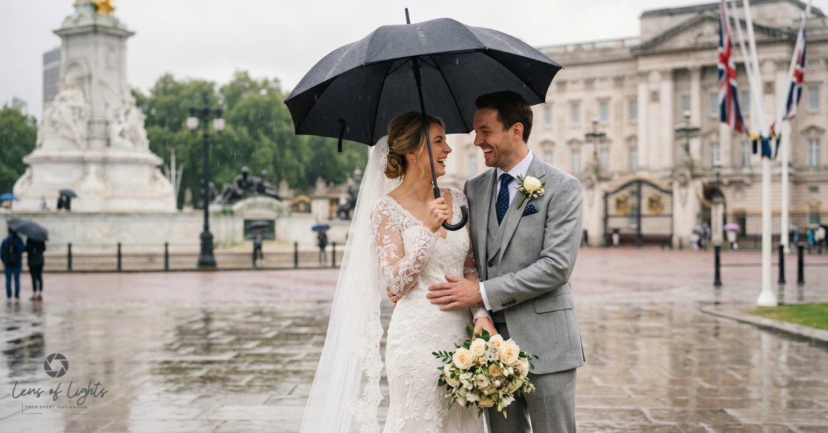 Romantic rainy day wedding photo of a British bride and groom holding a black umbrella near Buckingham Palace in London - Taking their photos by Lens of Lights