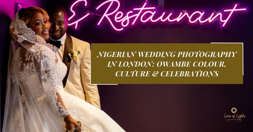 Nigerian bride and groom posing at a London wedding venue with showcasing Owambe culture and celebration
