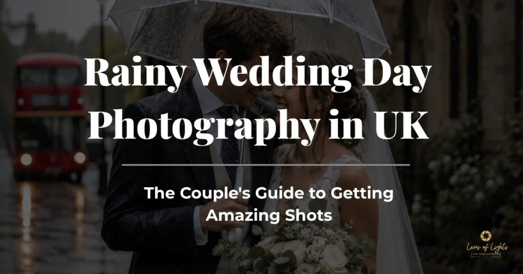 Rainy wedding day in the UK with a bride and groom standing under a transparent umbrella, with a red London bus in the background.