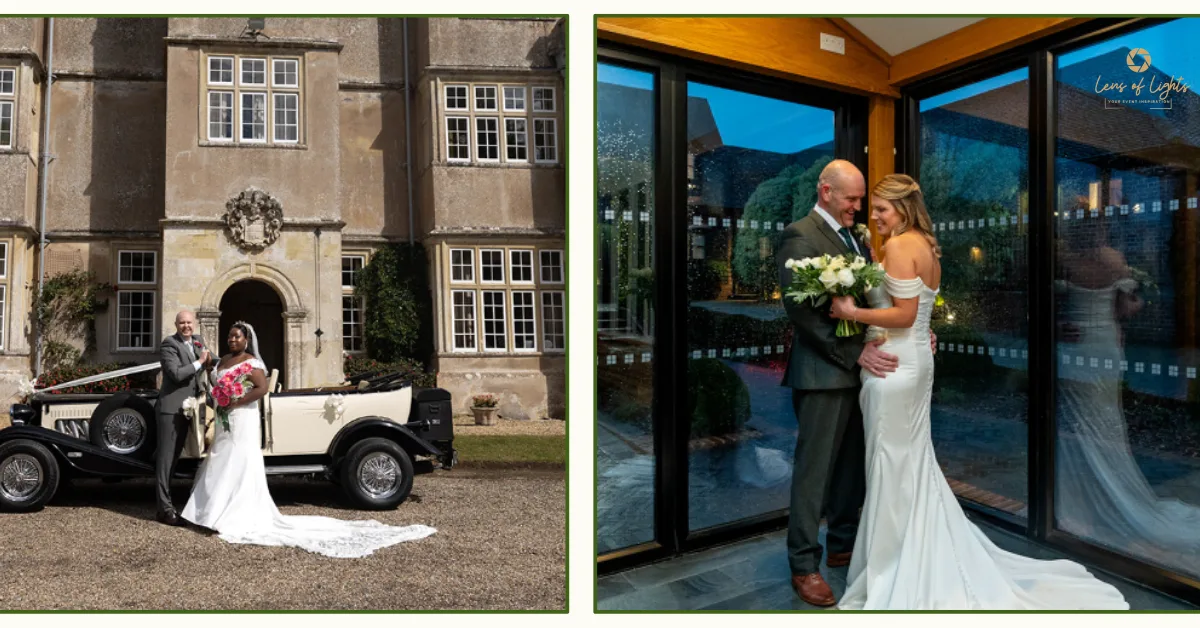 A split-screen image showing a bride and groom by a vintage car outside a historic English manor (left) and a couple embracing in a modern, glass-walled wedding venue at night (right).