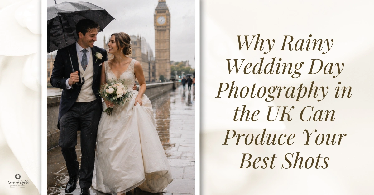 Rainy wedding day in London with bride and groom walking under umbrella near Big Ben, romantic UK wedding photography
