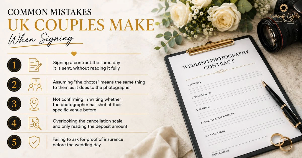 Common mistakes UK couples make when signing a wedding photography contract, shown with checklist and contract document