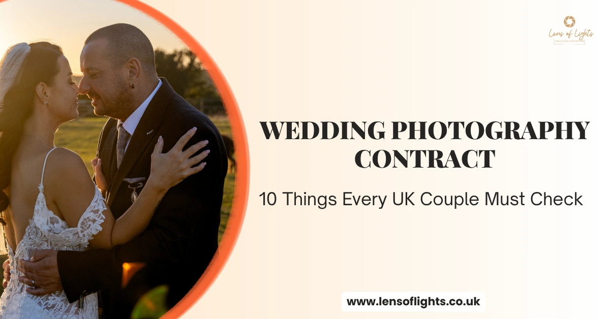 A feature image with romantic wedding couple embracing at sunset with text overlay "Wedding Photography Contract – 10 Things Every UK Couple Must Check"