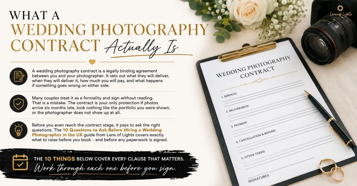 Wedding photography contract document with camera, pen, and floral arrangement explaining what a wedding photography contract actually is