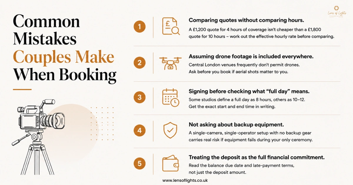 Common mistakes couples make when booking wedding photography in the UK including pricing, drone coverage, full-day hours, and backup equipment