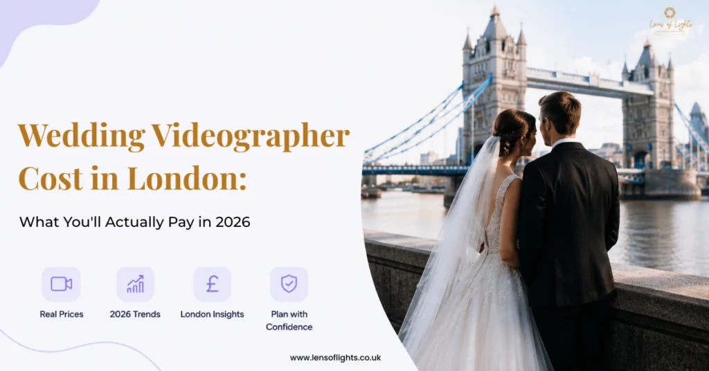 Wedding videographer cost in London 2026 feature image showing a bride and groom near Tower Bridge with pricing guide.
