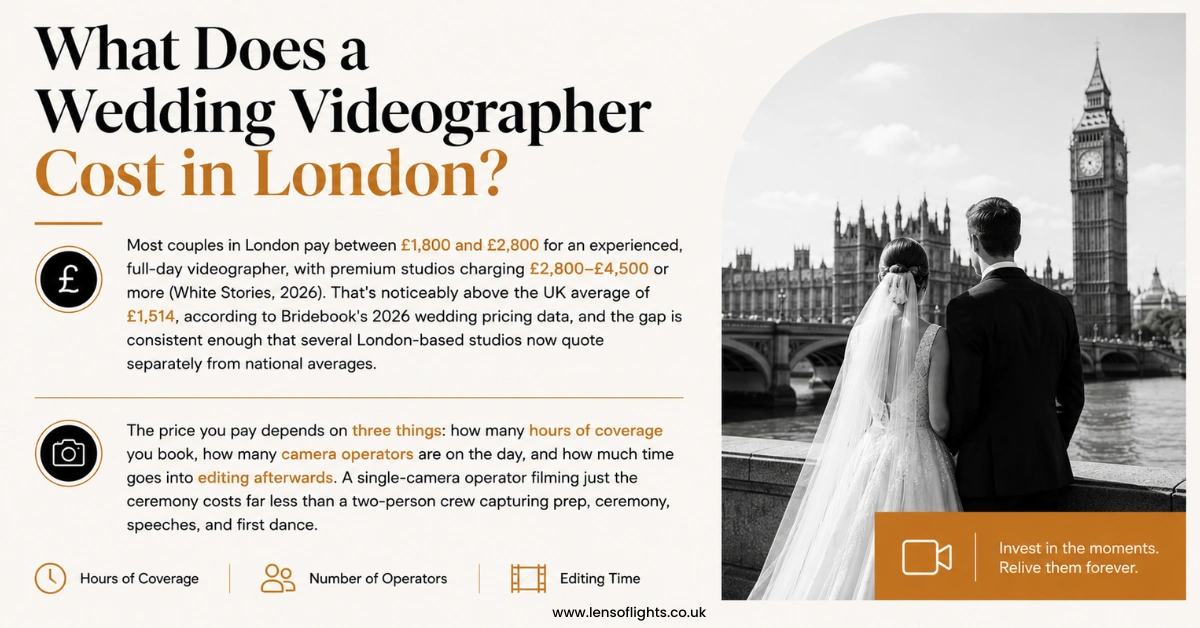 Wedding videographer cost in London infographic with 2026 price guide, average rates, and factors affecting wedding videography pricing.