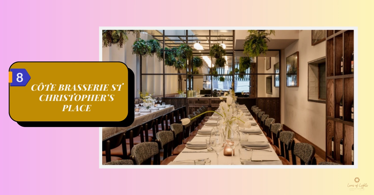 8. Côte Brasserie St Christopher’s Place- A centrally located restaurant near Oxford Street, offering a relaxed and stylish setting for a small wedding reception.