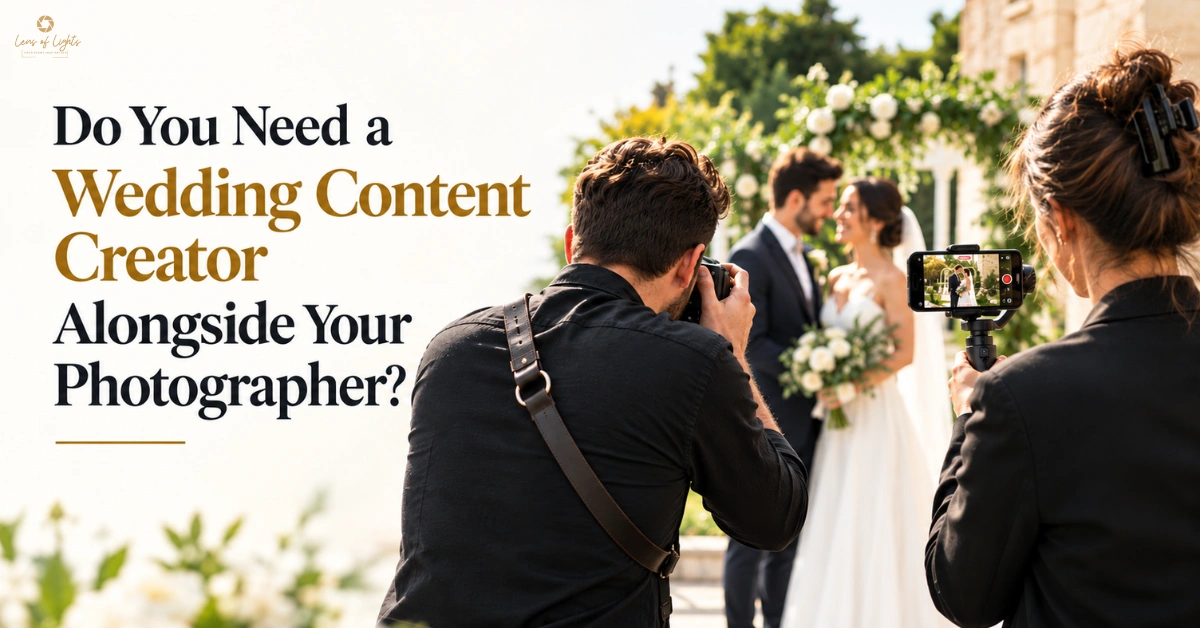 Wedding content creators capturing a bride and groom during an outdoor wedding alongside professional photography