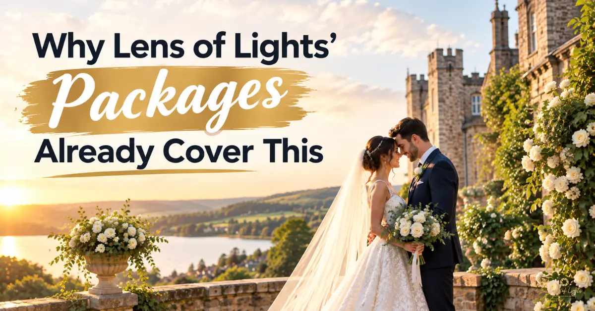 Bride and groom embracing at sunset on a scenic wedding terrace, illustrating Lens of Lights wedding photography packages