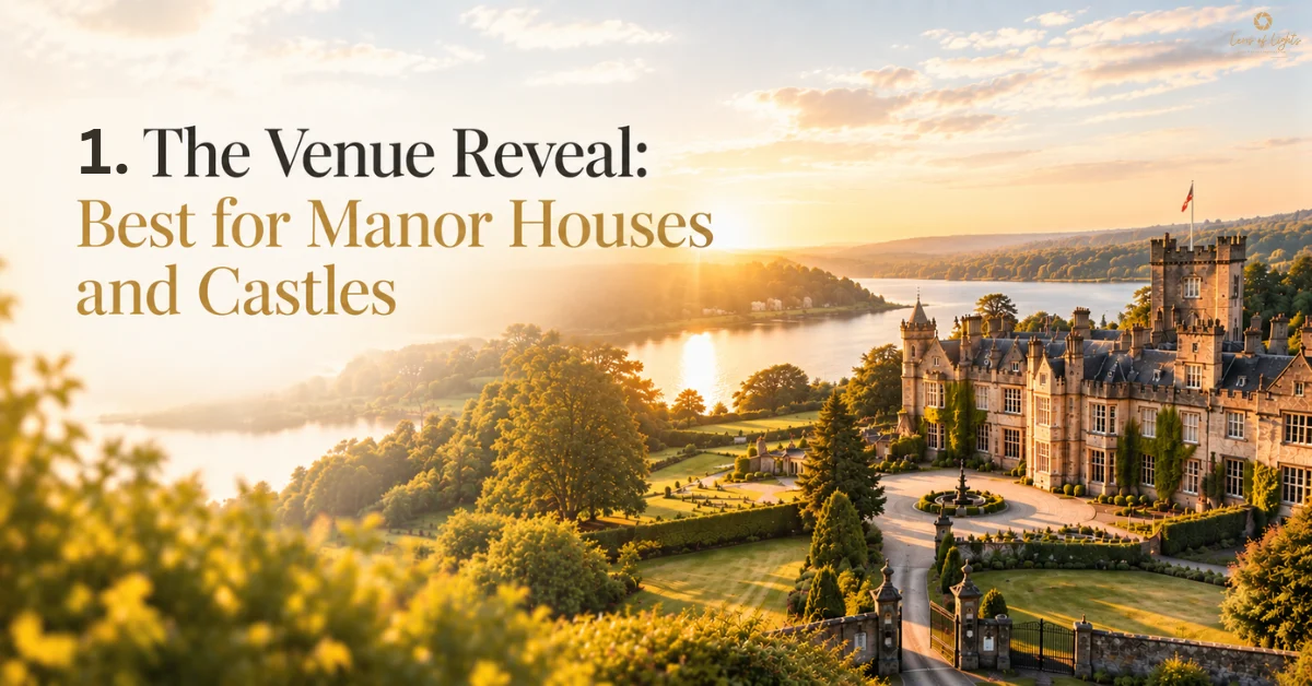 The Venue Reveal: Best for Manor Houses and Castles – scenic manor house and castle overlooking a lake at sunset