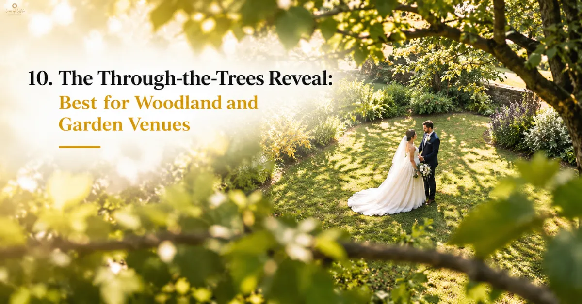 Bride and groom standing together in a sunlit garden surrounded by trees and lush greenery, photographed through the branches.