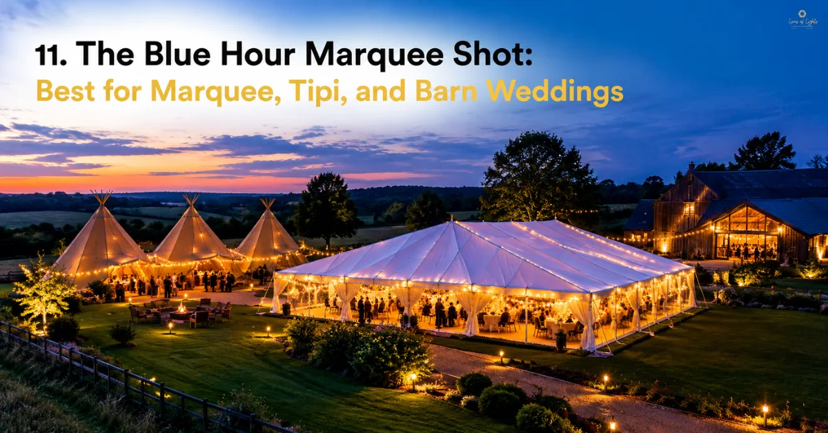 Blue hour marquee wedding venue with illuminated tipis, a large marquee, and rustic barn surrounded by countryside.