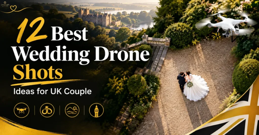 12 Best Wedding Drone Shots Ideas for UK Couples in 2027 featuring a bride and groom in a scenic UK wedding venue with a drone overhead.