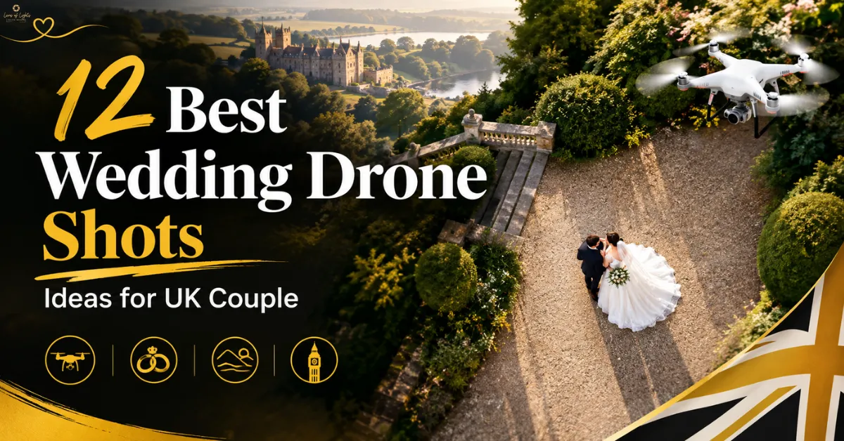 12 Best Wedding Drone Shots Ideas for UK Couples in 2027 featuring a bride and groom in a scenic UK wedding venue with a drone overhead.