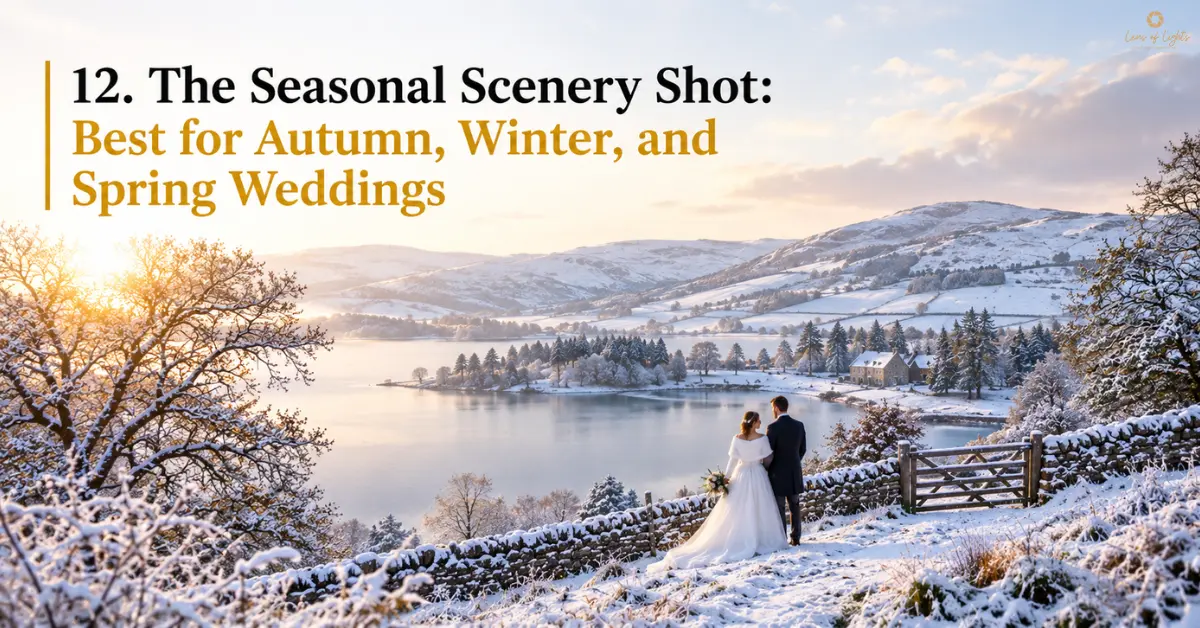 Bride and groom overlooking a snow-covered lake and winter countryside, capturing a romantic seasonal wedding scene.