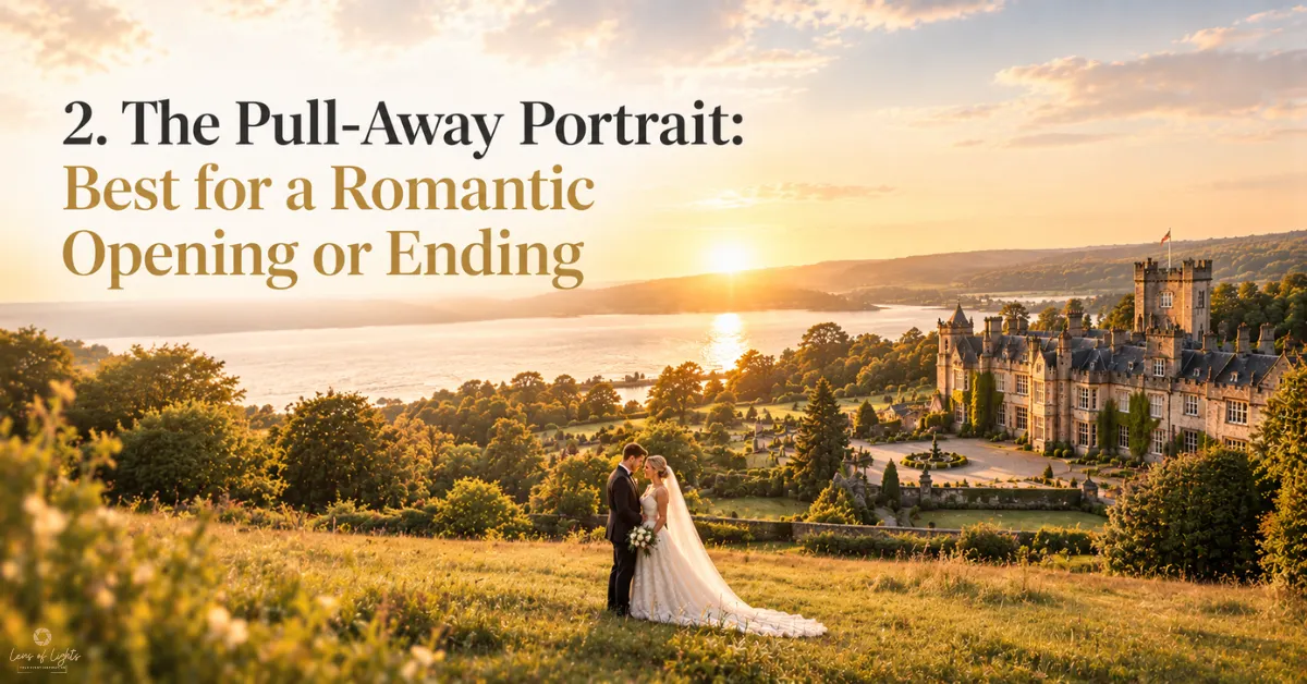 The Pull-Away Portrait: Best for a Romantic Opening or Ending – newlywed couple in a meadow overlooking a grand castle at sunset