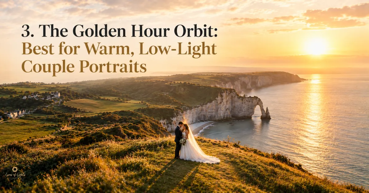 The Golden Hour Orbit: Best for Warm, Low-Light Couple Portraits – newlywed couple overlooking a dramatic coastal landscape at sunset