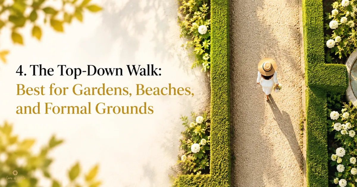 The Top-Down Walk: Best for Gardens, Beaches, and Formal Grounds – bride walking along a landscaped garden pathway