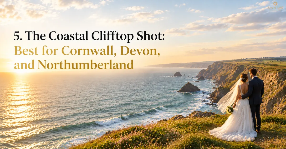 The Coastal Clifftop Shot: Best for Cornwall, Devon, and Northumberland – newlywed couple overlooking dramatic UK coastal cliffs at sunset