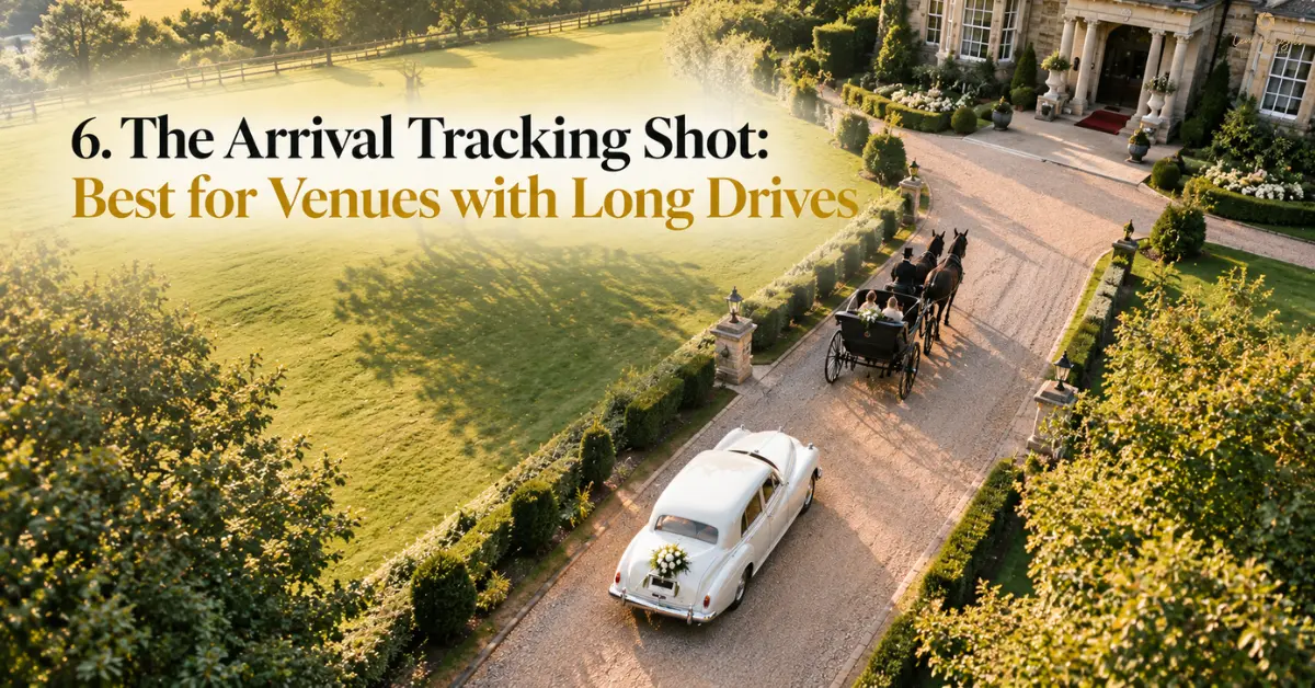 The Arrival Tracking Shot: Best for Venues with Long Drives – wedding car and horse-drawn carriage arriving at a grand country house