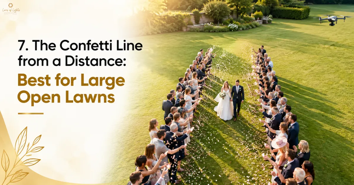 Confetti line wedding photo with bride and groom walking through guests on a large open lawn