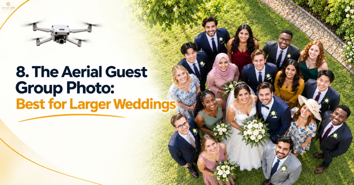 Aerial wedding group photo of bride and groom surrounded by guests at an outdoor wedding
