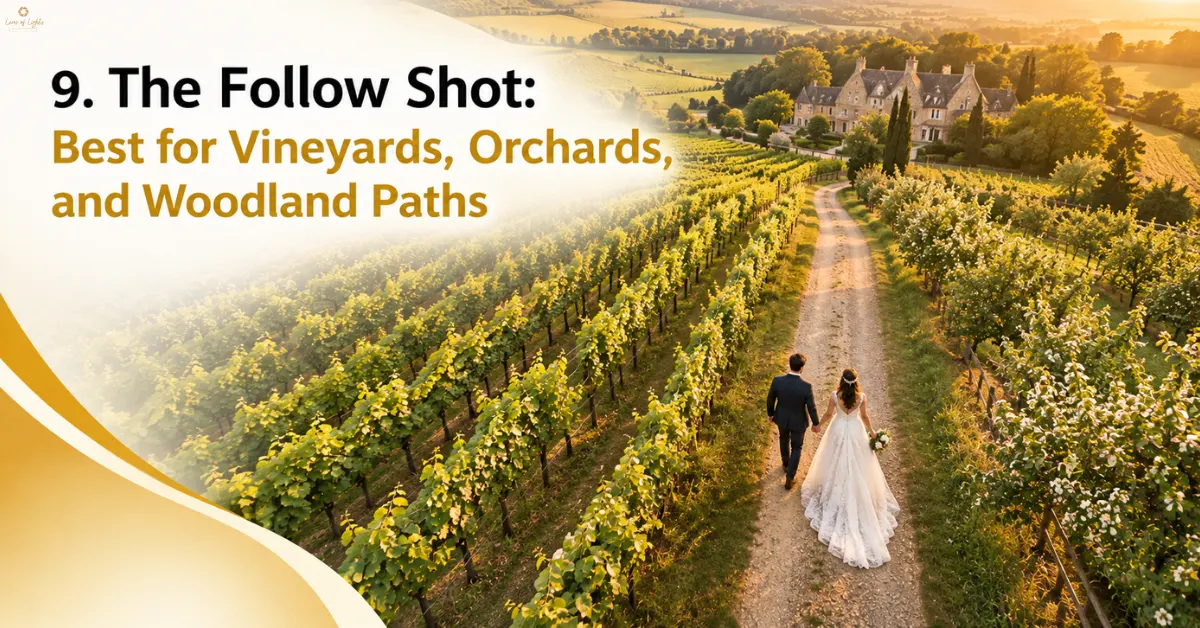 A bride and groom walking along a vineyard path surrounded by lush grapevines and countryside scenery during golden hour.