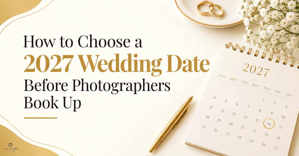 How to choose a 2027 wedding date before wedding photographers book up, featuring a calendar, gold rings and elegant wedding details.
