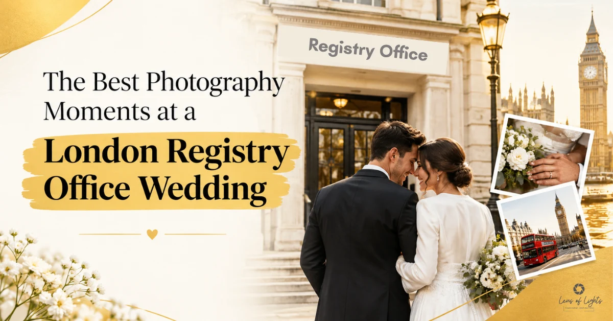 Bride and groom sharing a romantic moment outside a London registry office, with wedding rings, flowers and Big Ben featured in a wedding photography collage.