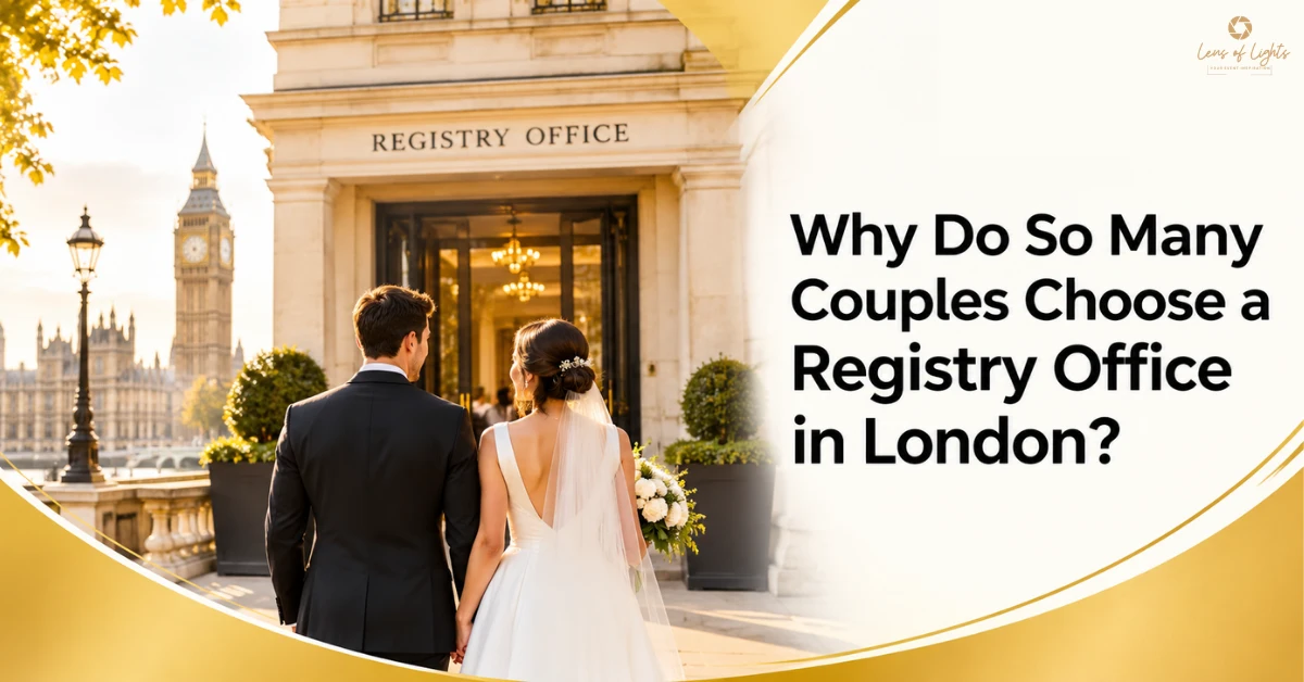 Bride and groom outside a London registry office with Big Ben and the Houses of Parliament in the background, illustrating why couples choose registry office weddings in London.