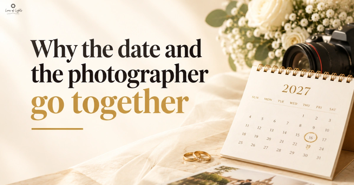 2027 wedding calendar beside a professional camera and wedding rings, illustrating why your wedding date and photographer go together.